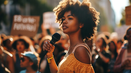 A person engaged in public speaking holding microphones, advocating for social justice and equality - obrazy, fototapety, plakaty
