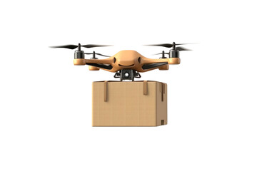 A delivery drone with package paper box isolated on a transparent background.
