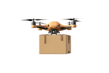 A delivery drone with package paper box isolated on a transparent background.