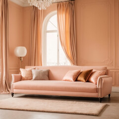 Elegant Looking Peach Colored Room with a Peach Couch, Peach Curtains, Pink Walls, Peach Pillows and a Lamp With a Window in the Room.