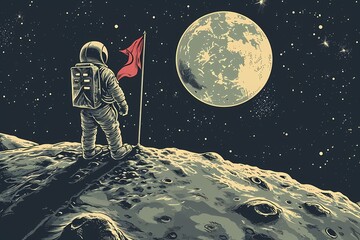 astronaut holding a rocket flag on the moon cartoon