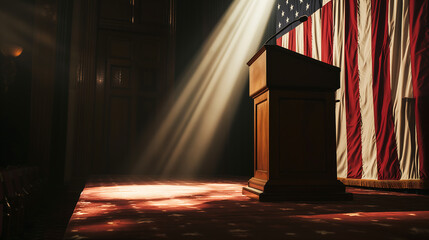 A podium draped with the American flag, with a single beam of light. National freedom day concept