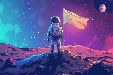 astronaut holding a rocket flag on the moon cartoon