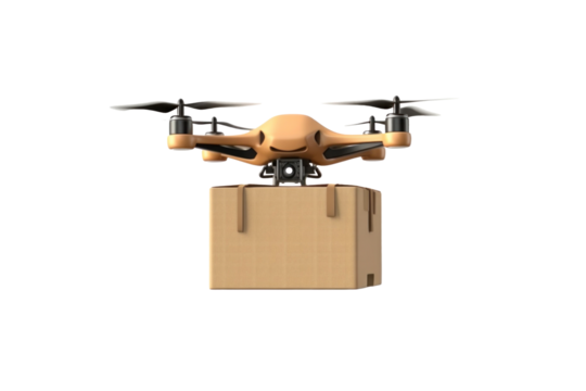 A delivery drone with package paper box isolated on a transparent background.