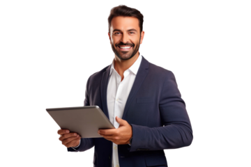 A happy salesman stand holding tablet isolated on a transparent background.
