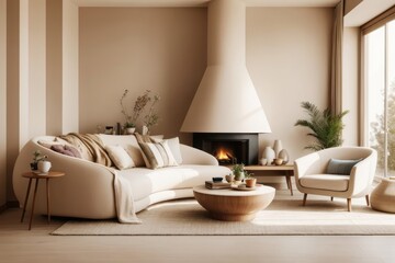 Japandi interior home design of modern living room with curved beige sofa and wooden furniture with houseplants and fireplace against beige wall