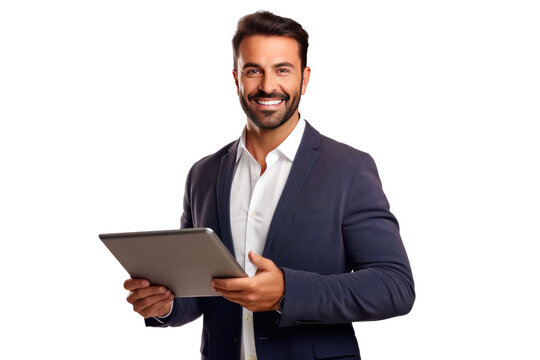 A happy salesman stand holding tablet isolated on a transparent background.