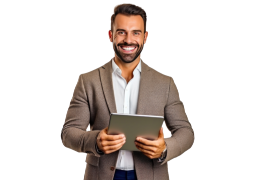 A happy salesman stand holding tablet isolated on a transparent background.