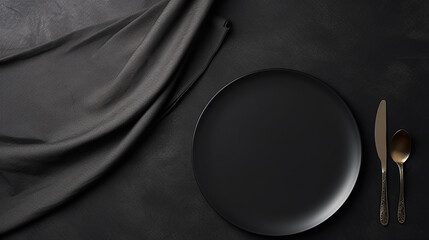 empty black plates with black cutlery and gray napkin - obrazy, fototapety, plakaty