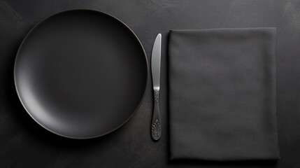 empty black plates with black cutlery and gray napkin - obrazy, fototapety, plakaty
