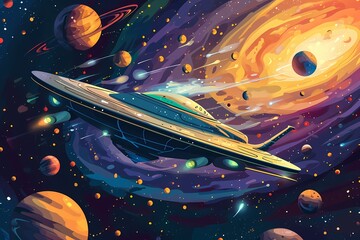 background with spaceship and many planets in space car