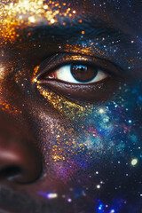 Naklejka premium A close up of an American African man face blended with galaxy