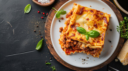 Tasty lasagne with meat, cheese on white plate, top view and copy space - obrazy, fototapety, plakaty