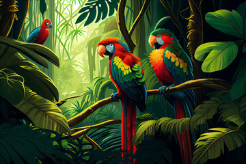 Tropical forest and colorful parrots on the background of leaves. Abstract illustration.