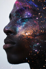 A close up of an American African man face blended with galaxy