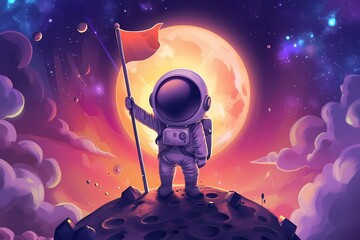 cute astronaut holding flag on moon cartoon