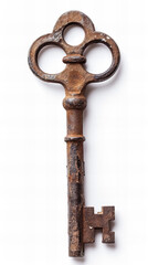 vintage rusty old metal key, isolated on white
