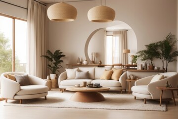 Japandi interior home design of modern living room with curved beige sofa and wooden furniture with houseplants and fireplace against beige wall
