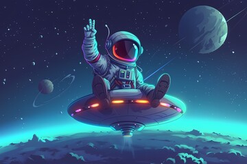 cute astronaut riding ufo with peace hand cartoon