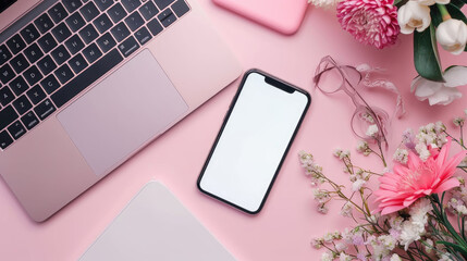 Top view of credit card and mobile phone with blank screen, online shopping and payment concept, female pastel pink workspace with flowers and laptop, flat lay