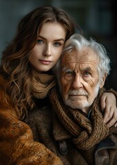 Generational portrait of a young woman and elderly man embracing. timeless bond and family love captured in a photo. AI