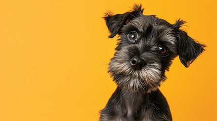 Adorable miniature schnauzer puppy with curious questioning face isolated on light orange background with copy space.
