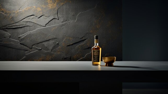 straight view, minimalistic, concrete textured table design, zoom in, photography, bottle of cognac and scotch on the table, unique - Generative AI