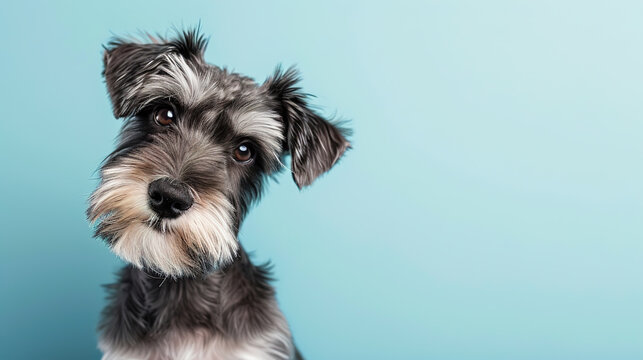 Adorable miniature schnauzer puppy with curious questioning face isolated on light blue background with copy space.