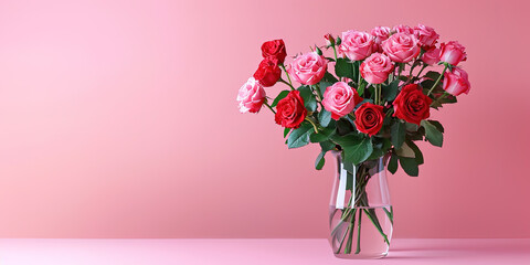 Beautiful roses in a vase isolated on pink background, copyspace on left, valentine theme, isolated on light blue background with copy space.