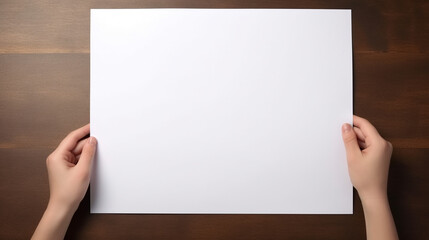 female hands writing on blank white paper sheet top view - obrazy, fototapety, plakaty