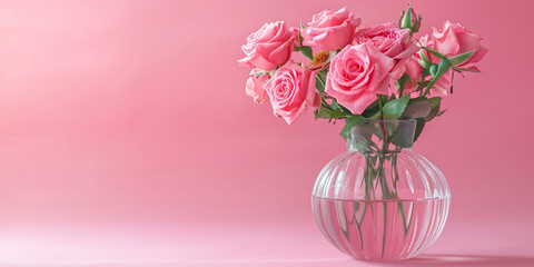 Fototapeta premium Beautiful roses in a vase isolated on pink background, copyspace on left, valentine theme, isolated on light blue background with copy space.