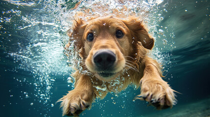 Funny underwater photo of golden retriever dog swimming.