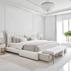 3d rendering interior of a clean and modern white-toned bedroom with a wide bed that lets in bright sunlight generative ai