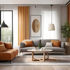 3D render of a modern living room space in gray and orange tones with large windows and picture frames. generative ai