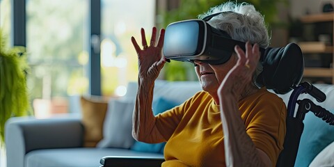 Adult woman smiling with virtual reality VR headset at home embracing technology and futuristic fun elderly enjoying entertainment indoors happy senior with modern device retired lifestyle