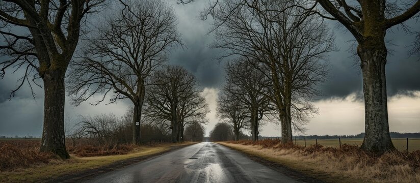 Winter in Romo, Denmark: Empty street with dark, stormy clouds over tree-lined road.