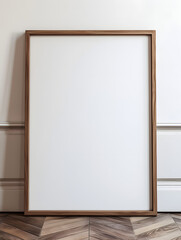 photo of a large wooden blank frame leaning against a white wall 
