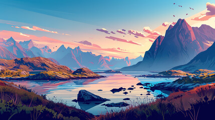 Scenic view of Lofoten Islands in Norway during sunrise in landscape comic style.