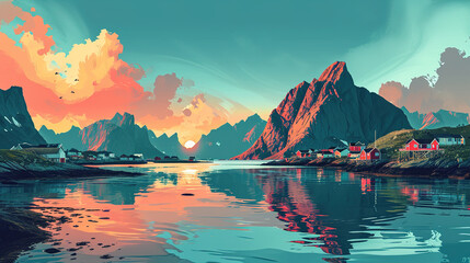 Fototapeta na wymiar Scenic view of Lofoten Islands in Norway during sunrise in landscape comic style.