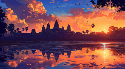 Obraz premium Beautiful scenic view of Angkor Wat in Cambodia during sunrise in landscape comic style.