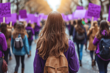 Feminist march on Women's Day, purple protest, and banners for the fight for rights and equality