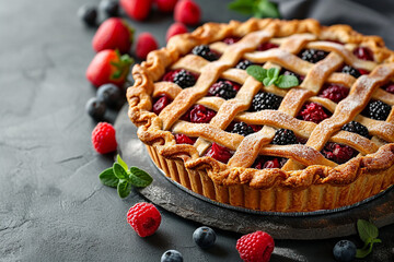Delicious pie with raspberries and blue berries, Happy national pie day 