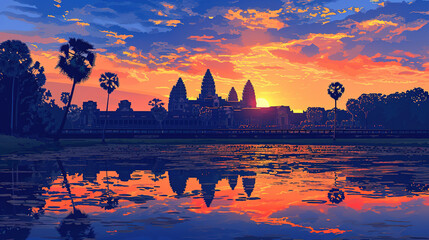 Beautiful scenic view of Angkor Wat in Cambodia during sunrise in landscape comic style. - obrazy, fototapety, plakaty