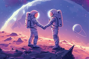 illustration of astronauts on a planet shaking hands