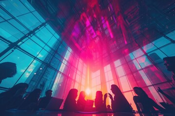 abstract of innovative tech startup space, brainstorming session, diverse team, colorful morning light, time lapse and motion, blurred style,