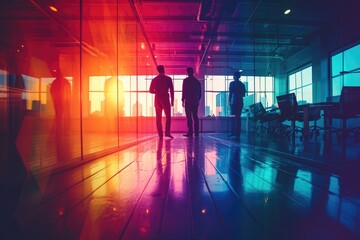 Obraz premium abstract of innovative tech startup space, brainstorming session, diverse team, colorful morning light, time lapse and motion, blurred style,