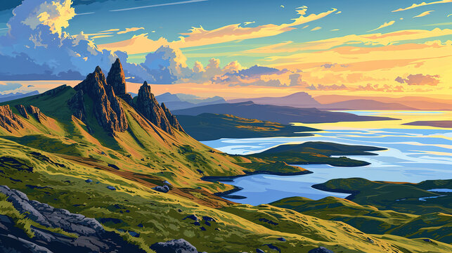 Beautiful scenic view of Isle of Skye in Scotland during sunrise in landscape comic style.