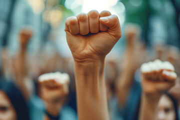 Raised fist of a woman at a feminist demonstration, Women's Day, fight for rights and equality, close-up