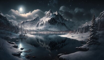 On a snowy night, with glistening snow covering the mountain peaks, V4 style, capable of showcasing the natural beauty and softness of winter, - Generative AI