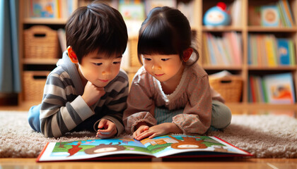 Fototapeta premium Japanese brother and sister reading picture books together. Reading together gives siblings something fun to do and it also reinforces their bonds of love.